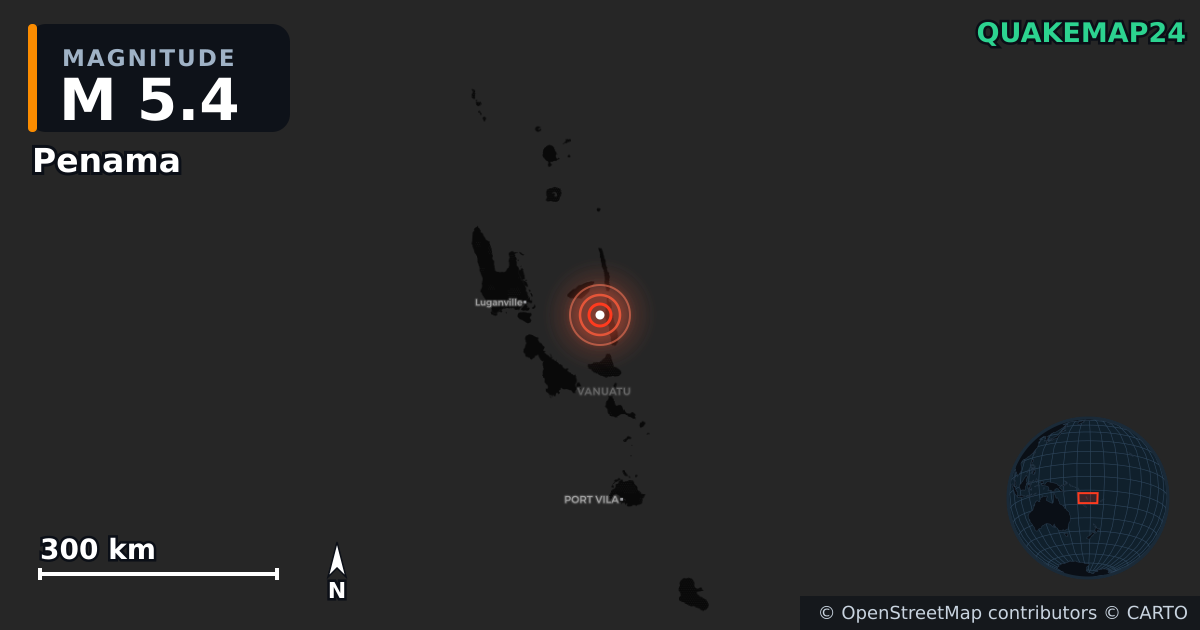 M5.4 earthquake near Penama on Oct 7, 2025 — map of epicenter and shaking intensity | QuakeMap24