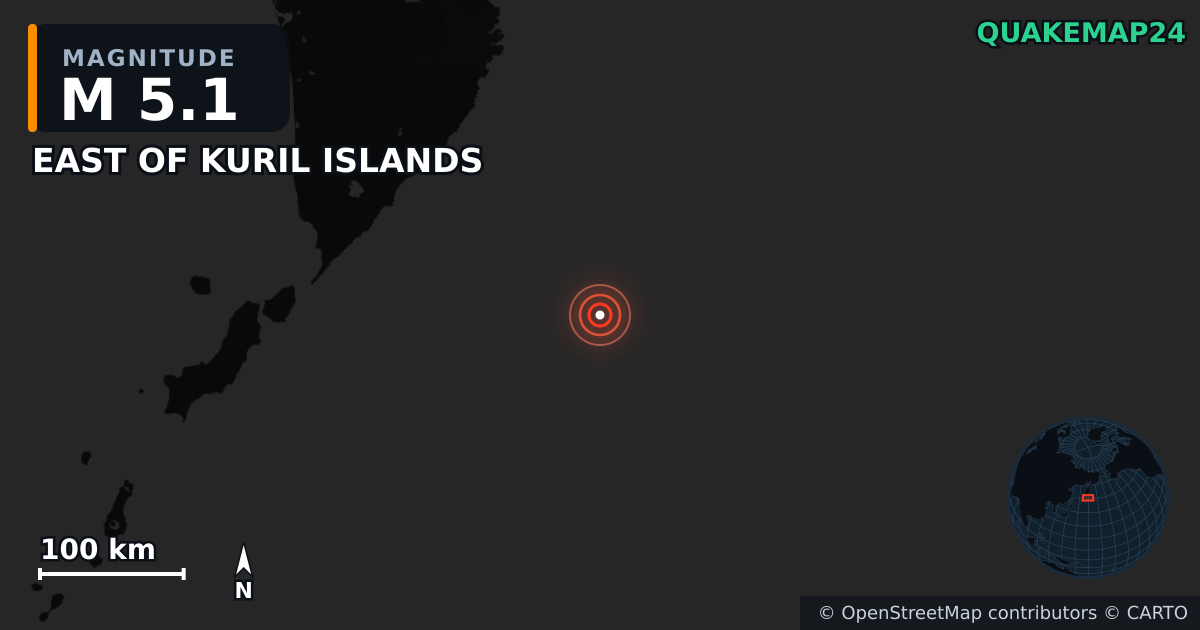 M5.1 earthquake near EAST OF KURIL ISLANDS on Jul 31, 2025 — map of epicenter and shaking intensity | QuakeMap24