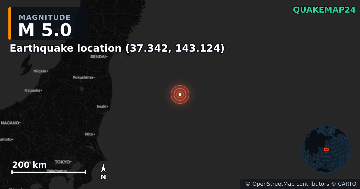 M5.0 earthquake near Deprem konumu (37.342, 143.124) on Jun 25, 2025 — map of epicenter and shaking intensity | QuakeMap24