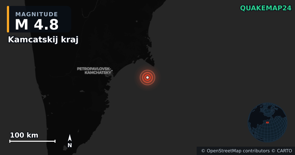 M4.8 earthquake near Kamcatskij kraj on Jan 10, 2026 — map of epicenter and shaking intensity | QuakeMap24