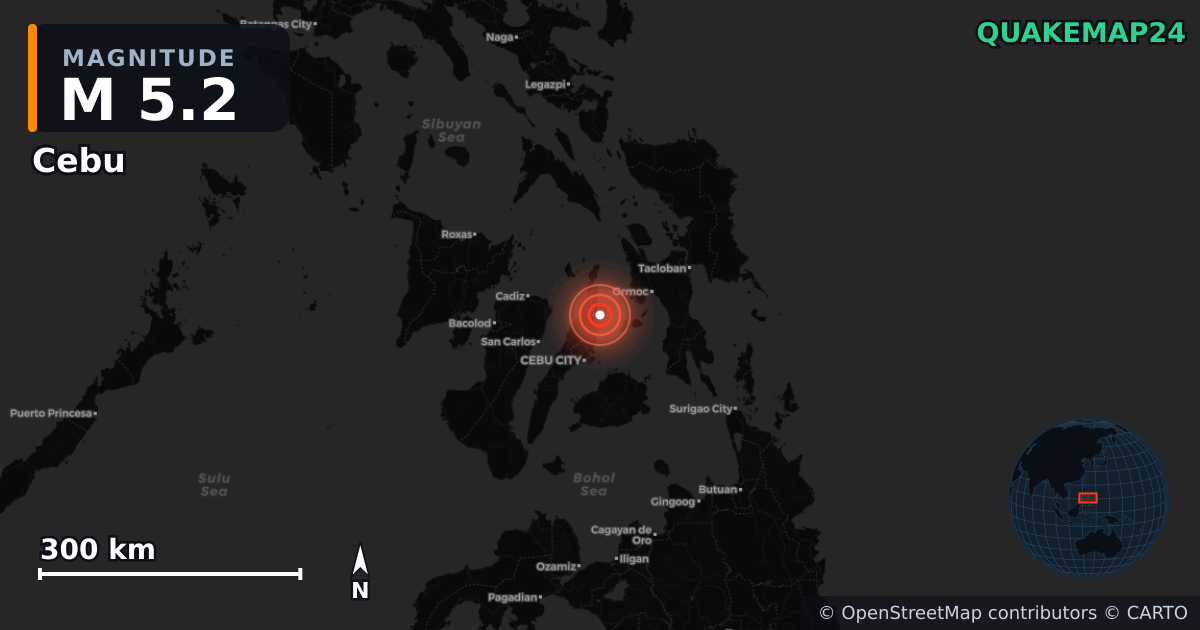 M5.2 earthquake near Cebu on Oct 1, 2025 — map of epicenter and shaking intensity | QuakeMap24