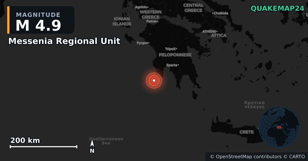 Erdbeben M4,9 bei Messenia Regional Unit, Peloponnese Region (Griechenland) · 2026-06-14 — Karte der Lage des Epizentrums