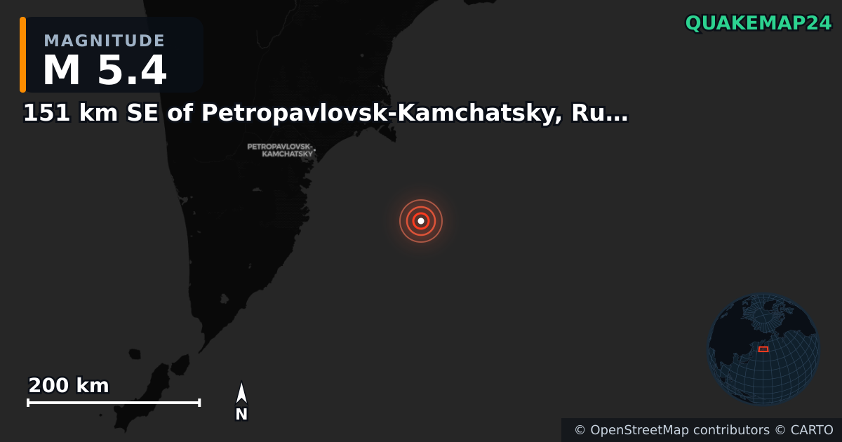 M5.4 earthquake near 151 km SE of Petropavlovsk-Kamchatsky, Russia on Jul 31, 2025 — map of epicenter and shaking intensity | QuakeMap24