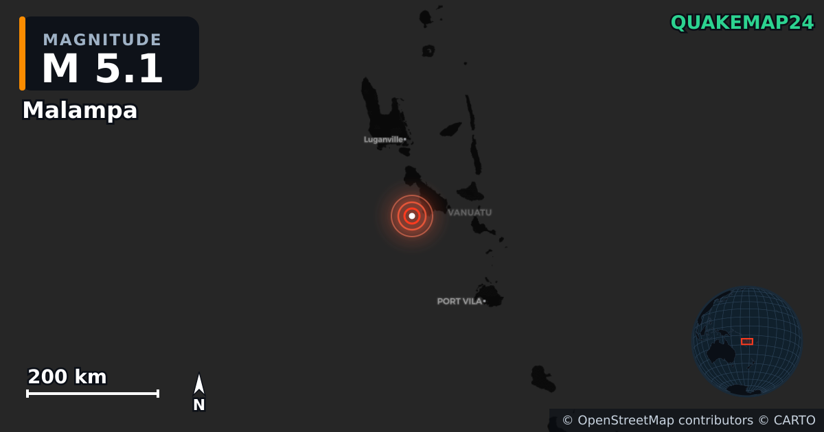 M5.1 earthquake near Malampa on Sep 11, 2025 — map of epicenter and shaking intensity | QuakeMap24
