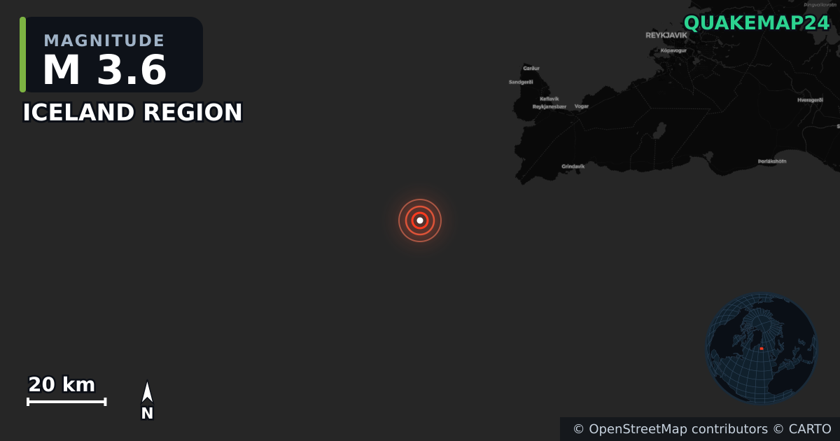 M3.6 earthquake near ICELAND REGION on May 24, 2025 — map of epicenter and shaking intensity | QuakeMap24
