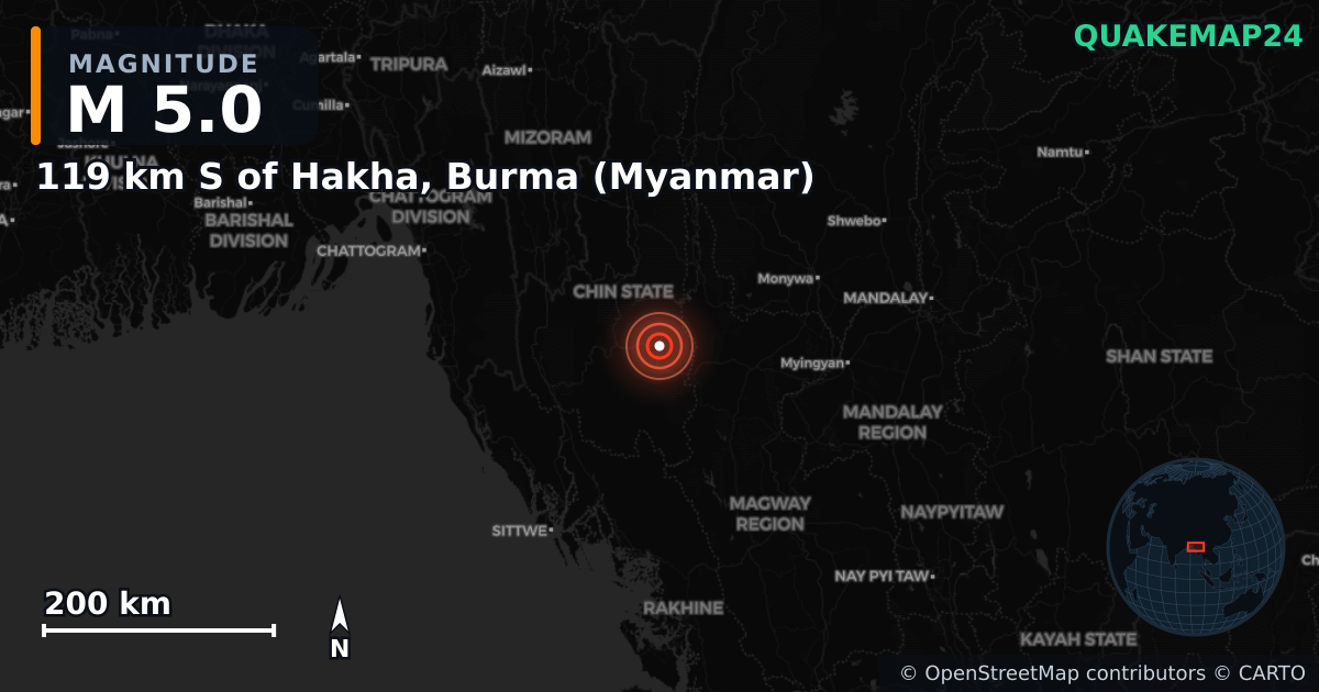 M5.0 earthquake near 119 km S of Hakha, Burma (Myanmar) on Feb 22, 2025 — map of epicenter and shaking intensity | QuakeMap24