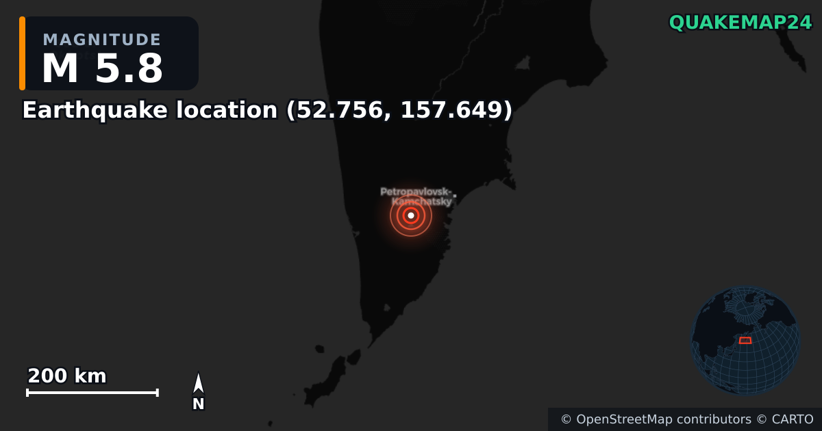 M5.8 earthquake near Deprem konumu (52.756, 157.649) on Aug 24, 2025 — map of epicenter and shaking intensity | QuakeMap24