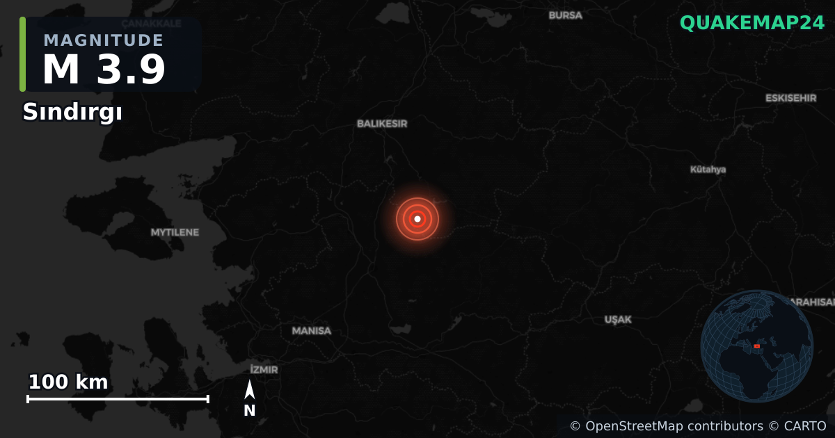 M3.9 earthquake near Sındırgı on Nov 10, 2025 — map of epicenter and shaking intensity | QuakeMap24