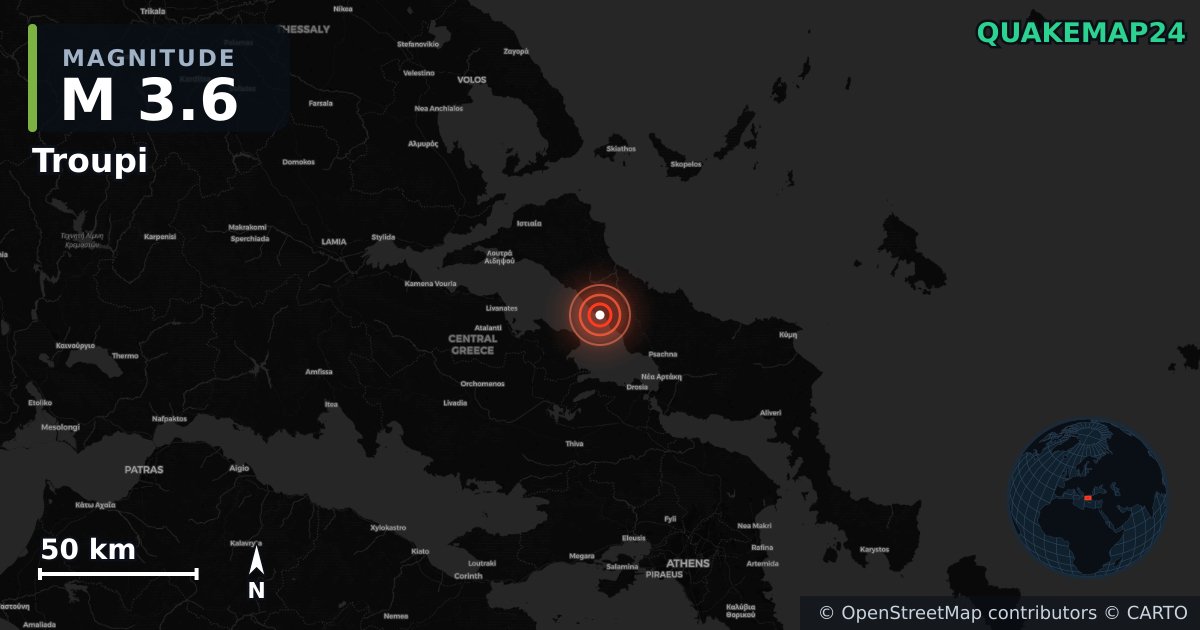 M3.6 earthquake near Troupi on Jun 12, 2026 — map of epicenter and shaking intensity | QuakeMap24