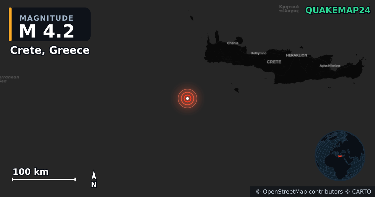 M4.2 earthquake near Crete, Greece on Jun 19, 2026 — map of epicenter and shaking intensity | QuakeMap24
