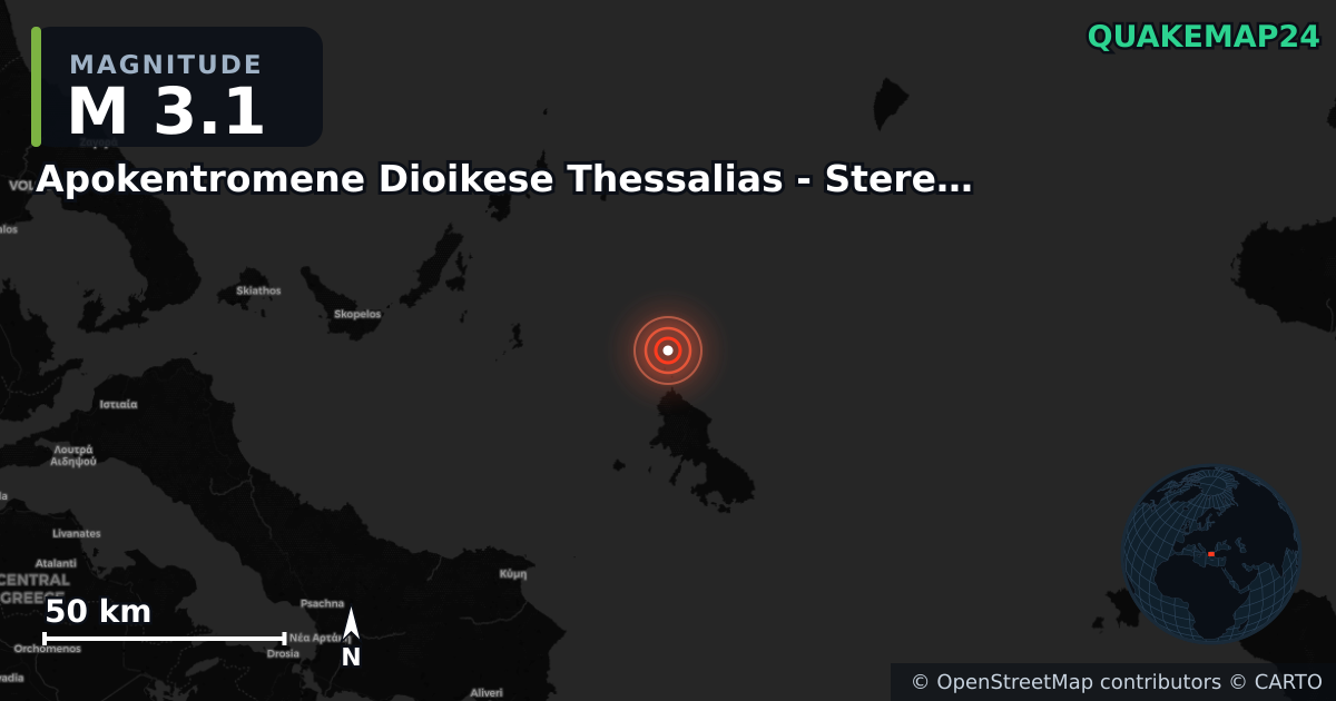 M3.1 earthquake near Apokentromene Dioikese Thessalias - Stereas Ellados on Nov 25, 2025 — map of epicenter and shaking intensity | QuakeMap24