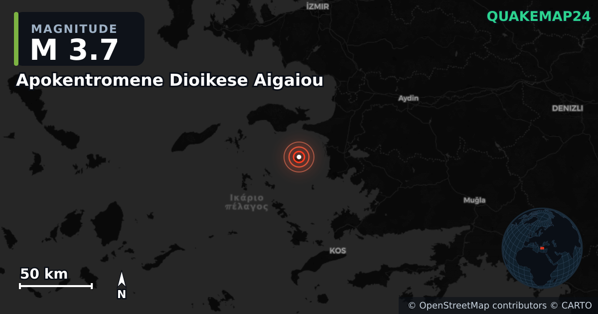 M3.7 earthquake near Apokentromene Dioikese Aigaiou on Oct 4, 2025 — map of epicenter and shaking intensity | QuakeMap24