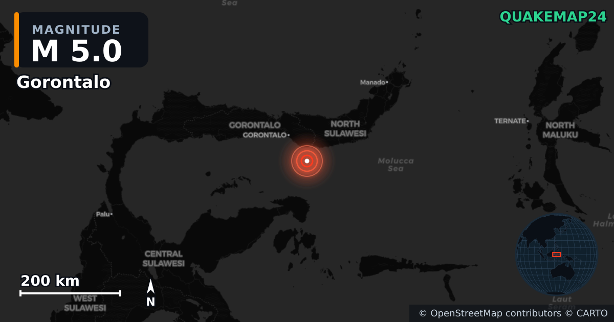 M5.0 earthquake near Gorontalo on Jul 21, 2025 — map of epicenter and shaking intensity | QuakeMap24