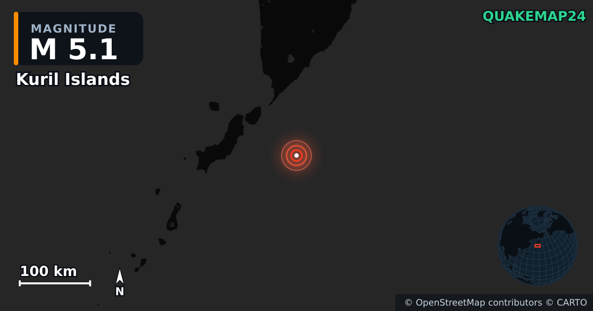 M5.1 earthquake near Kuril Islands on Jul 30, 2025 — map of epicenter and shaking intensity | QuakeMap24