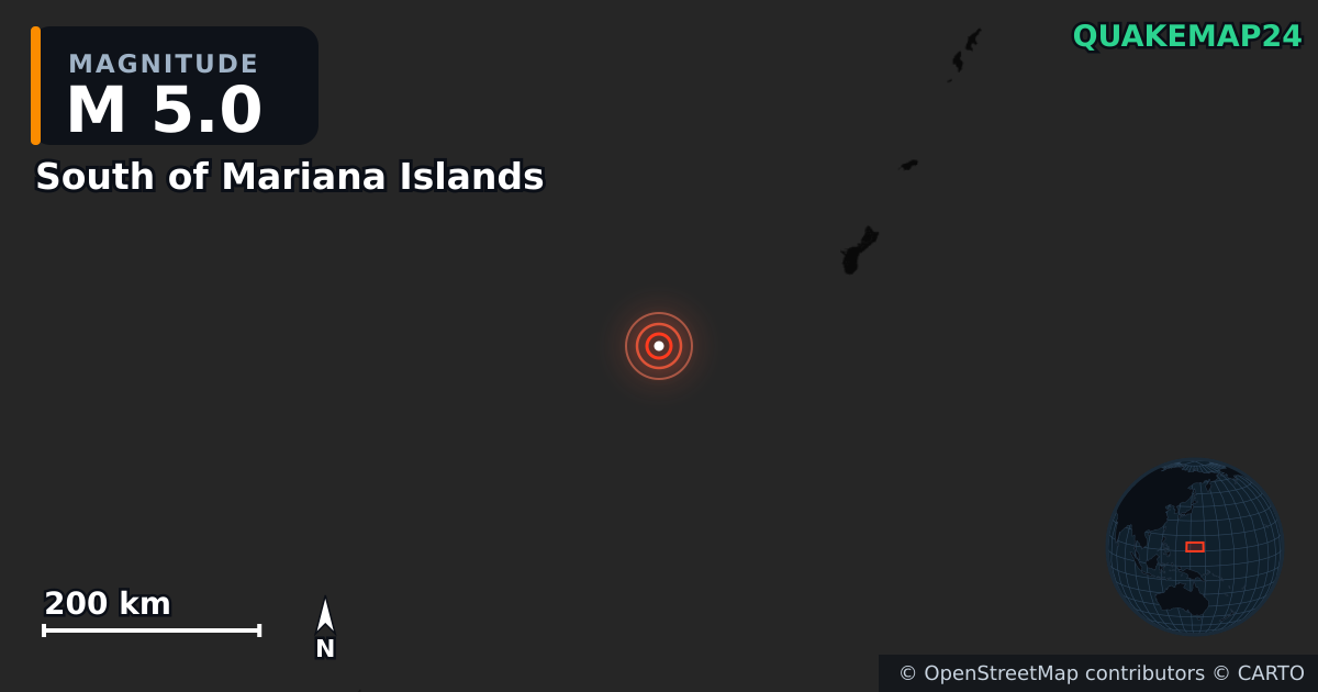 M5.0 Earthquake near South of Mariana Islands · 2025-11-04 — Map showing the location of the epicenter