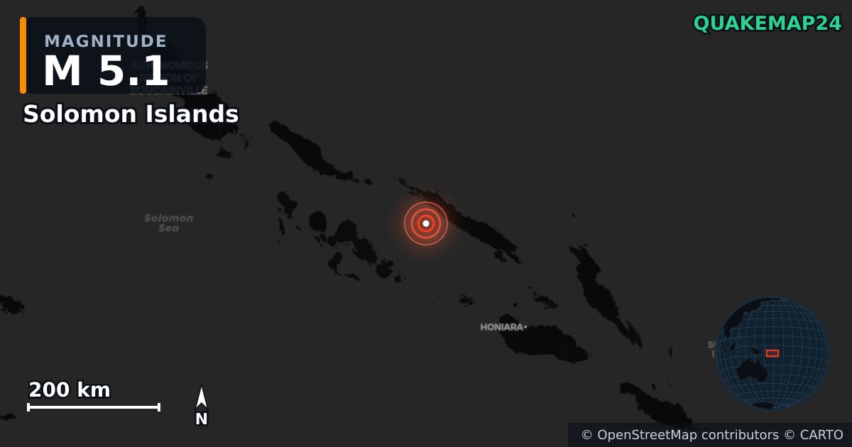 M5.1 earthquake near Solomon Islands on Jun 5, 2026 — map of epicenter and shaking intensity | QuakeMap24