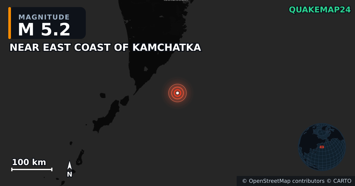 M5.2 earthquake near NEAR EAST COAST OF KAMCHATKA on Oct 13, 2025 — map of epicenter and shaking intensity | QuakeMap24
