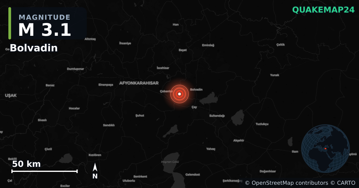 Erdbeben M3,1 bei Bolvadin, Afyonkarahisar (Türkei) · 2026-09-30 — Karte der Lage des Epizentrums