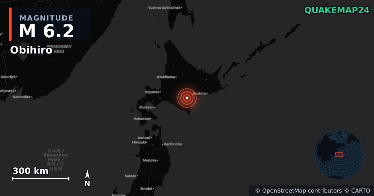 M6.2 earthquake near Obihiro on Apr 26, 2026 — map of epicenter and shaking intensity | QuakeMap24
