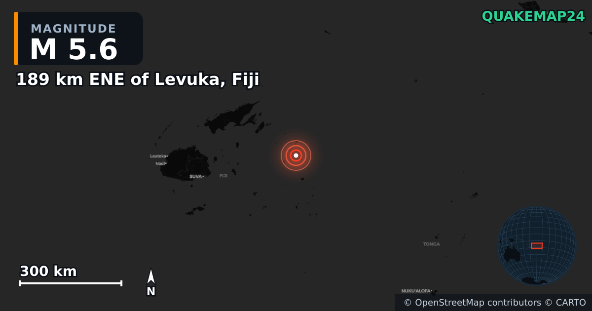 M5.6 earthquake near 189 km ENE of Levuka, Fiji on Jul 2, 2025 — map of epicenter and shaking intensity | QuakeMap24
