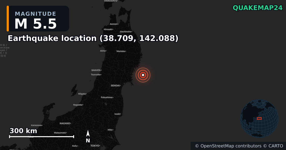 M5.5 earthquake near Deprem konumu (38.709, 142.088) on Aug 21, 2025 — map of epicenter and shaking intensity | QuakeMap24