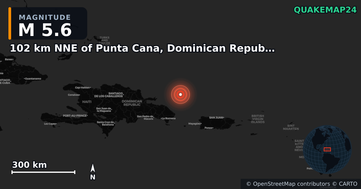 M5.6 earthquake near 102 km NNE of Punta Cana, Dominican Republic on Feb 25, 2025 — map of epicenter and shaking intensity | QuakeMap24