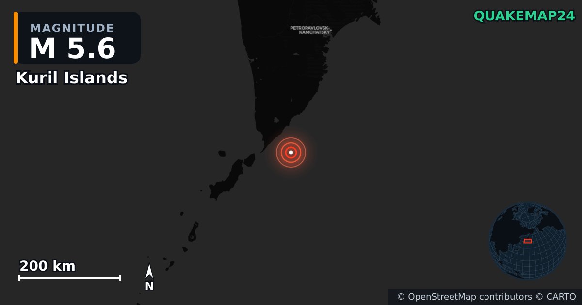 M5.6 earthquake near Kuril Islands on May 17, 2026 — map of epicenter and shaking intensity | QuakeMap24