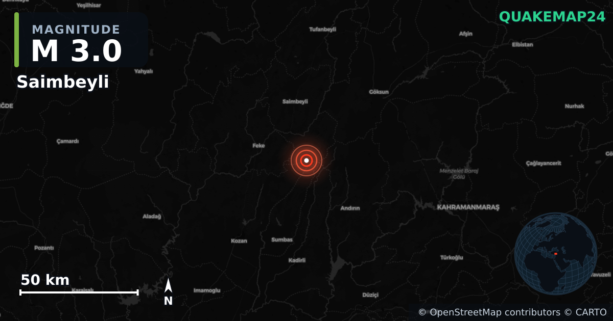 Sismo de M3,0 perto de Saimbeyli, Adana (Turquia) · 2026-06-21 — Mapa da localização do epicentro