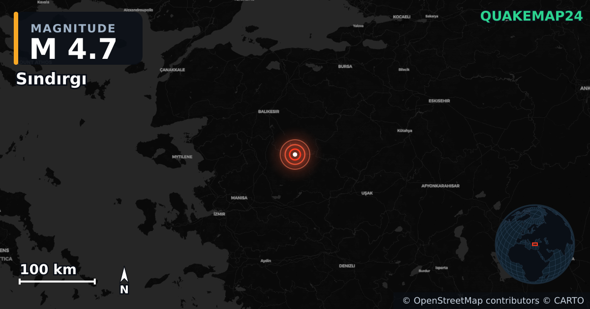 M4.7 earthquake near Sındırgı on Nov 10, 2025 — map of epicenter and shaking intensity | QuakeMap24