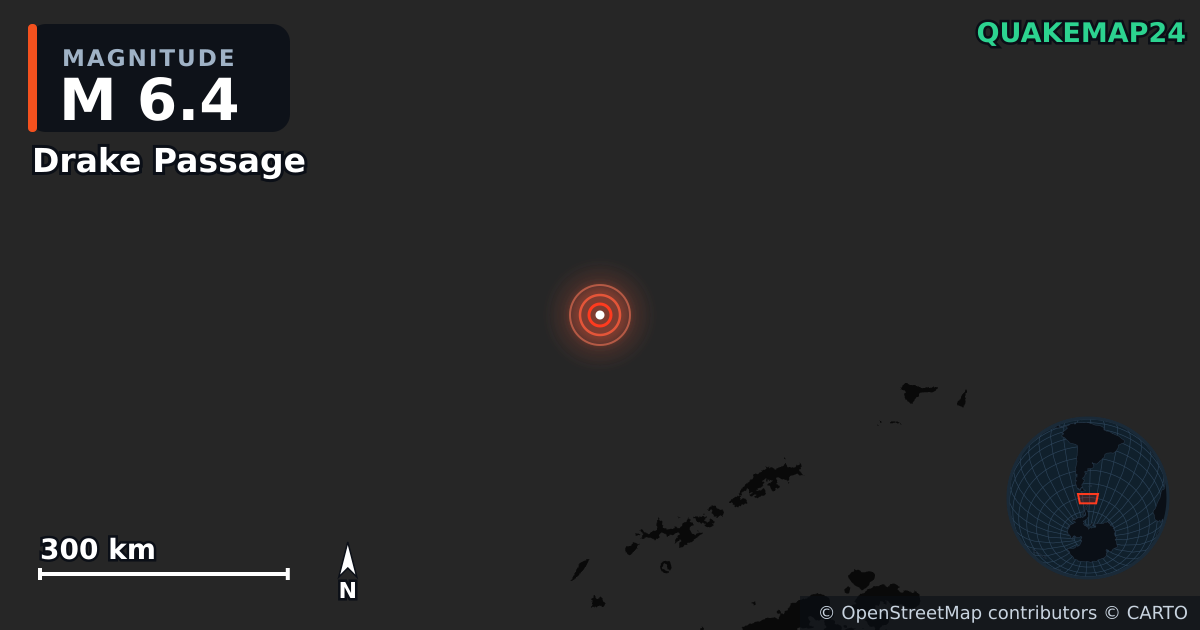 M6.4 earthquake near Drake Passage on Aug 22, 2025 — map of epicenter and shaking intensity | QuakeMap24