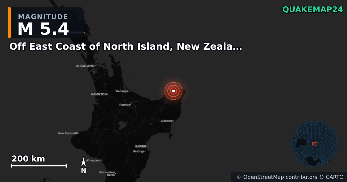 M5.4 earthquake near Off East Coast of North Island, New Zealand on May 2, 2026 — map of epicenter and shaking intensity | QuakeMap24
