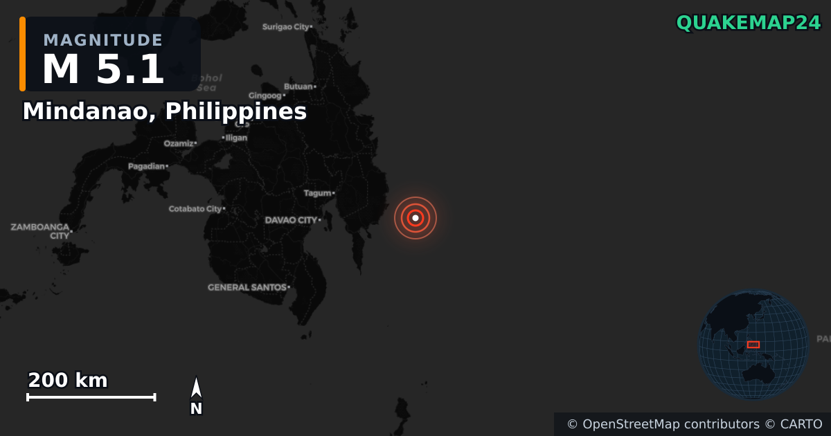 M5.1 earthquake near Mindanao, Philippines on Oct 10, 2025 — map of epicenter and shaking intensity | QuakeMap24