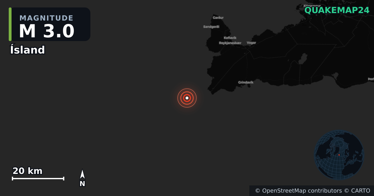M3.0 earthquake near Ísland on Feb 9, 2026 — map of epicenter and shaking intensity | QuakeMap24