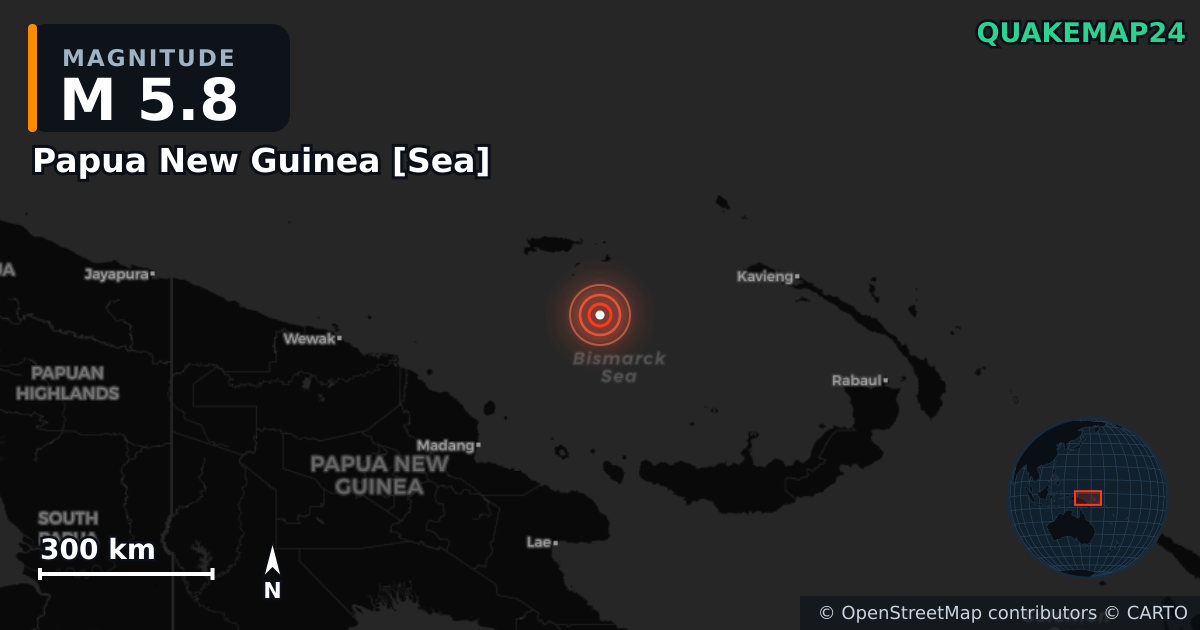 M5.8 earthquake near Papua New Guinea [Sea] on May 22, 2026 — map of epicenter and shaking intensity | QuakeMap24
