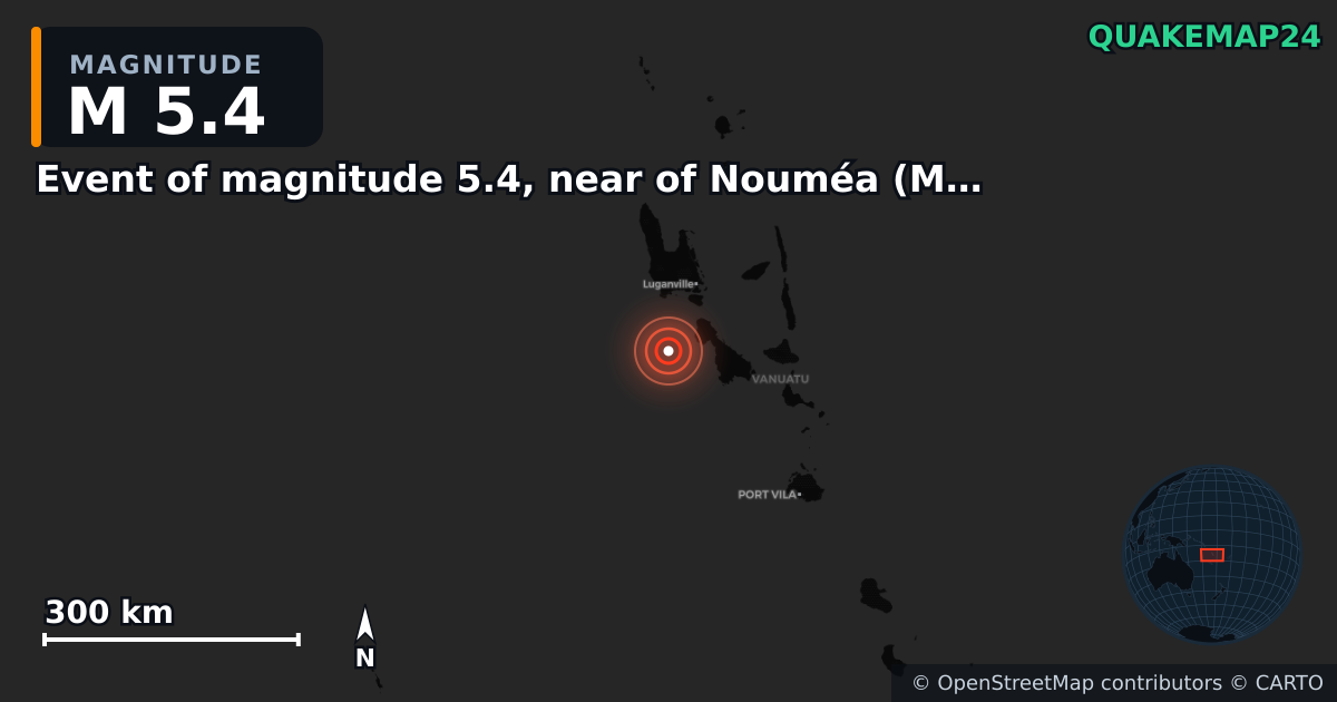 M5.4 earthquake near Event of magnitude 5.4, near of Nouméa (Monde) on Mar 21, 2026 — map of epicenter and shaking intensity | QuakeMap24