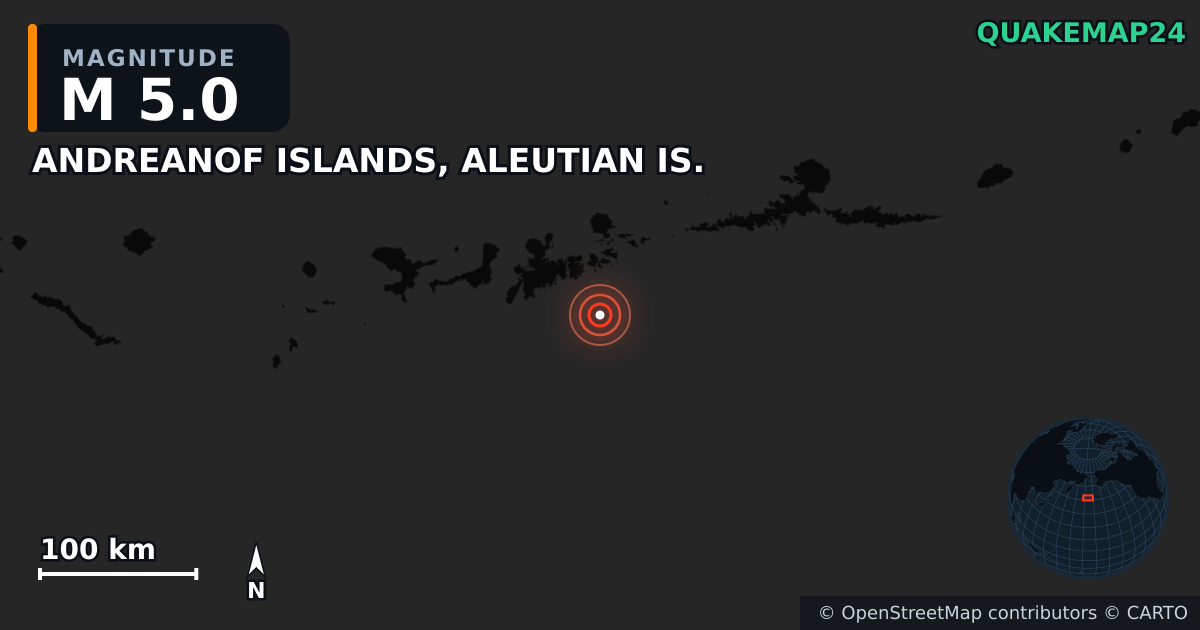 M5.0 earthquake near ANDREANOF ISLANDS, ALEUTIAN IS. on Oct 25, 2025 — map of epicenter and shaking intensity | QuakeMap24