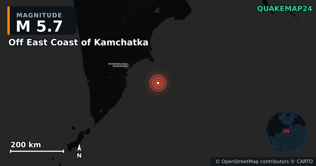 Off East Coast of Kamchatka yakınında M5,7 deprem — Deprem merkez üssünün konumunu gösteren harita