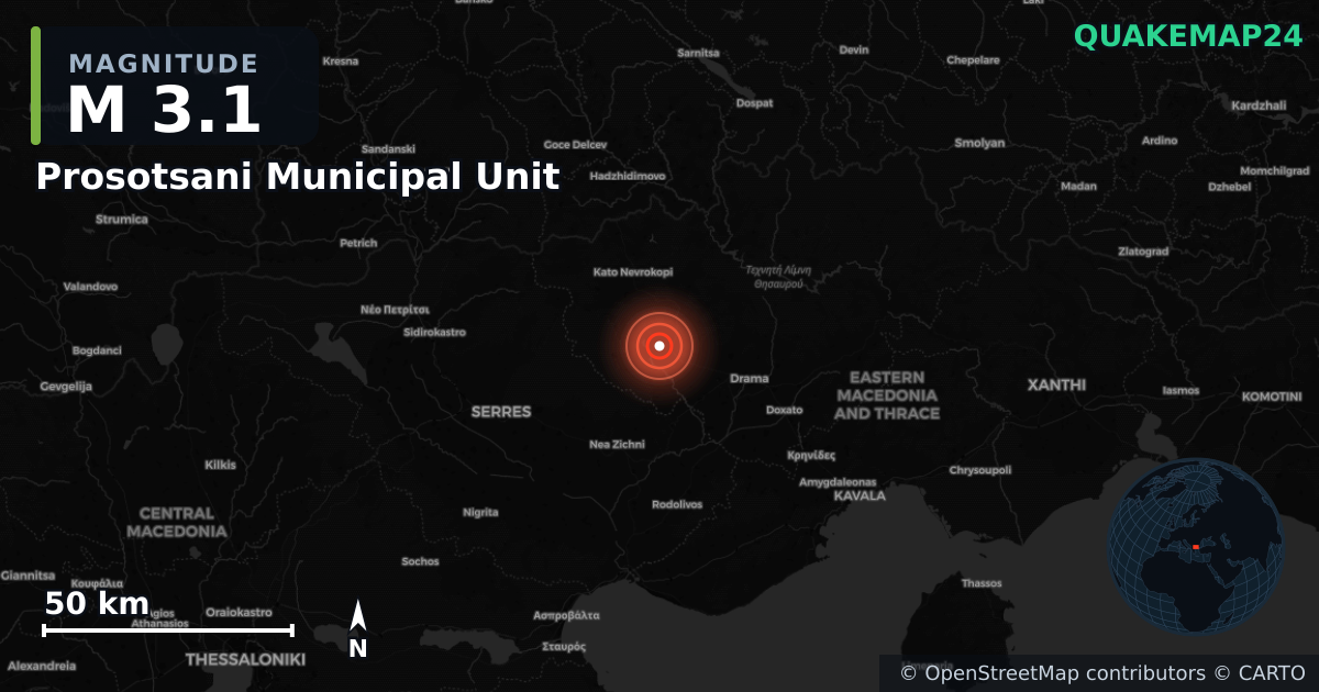 M3.1 earthquake near Prosotsani Municipal Unit on Apr 6, 2026 — map of epicenter and shaking intensity | QuakeMap24