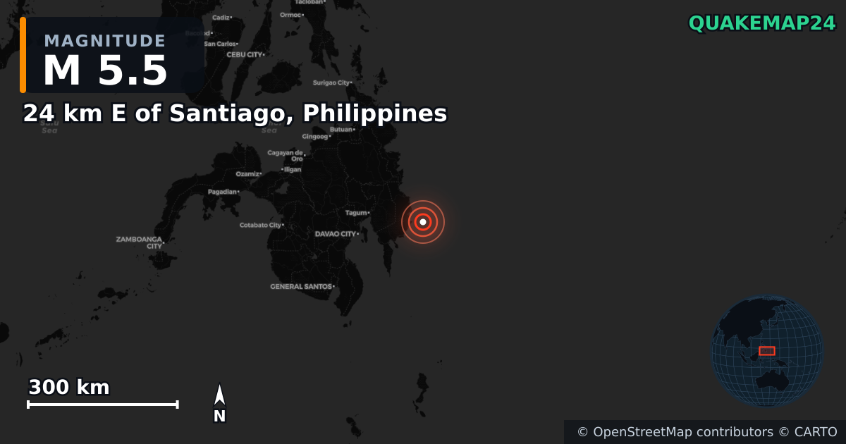 Erdbeben M5,5 bei 24 km E of Santiago, Philippines — Karte der Lage des Epizentrums