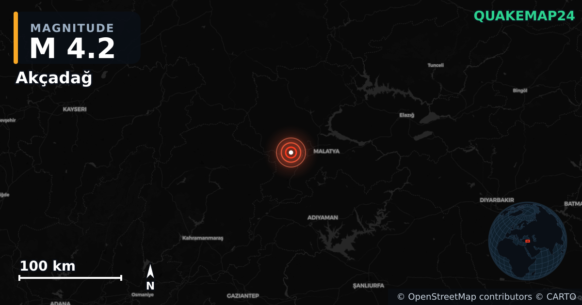 M4.2 earthquake near Akçadağ on Jul 23, 2026 — map of epicenter and shaking intensity | QuakeMap24