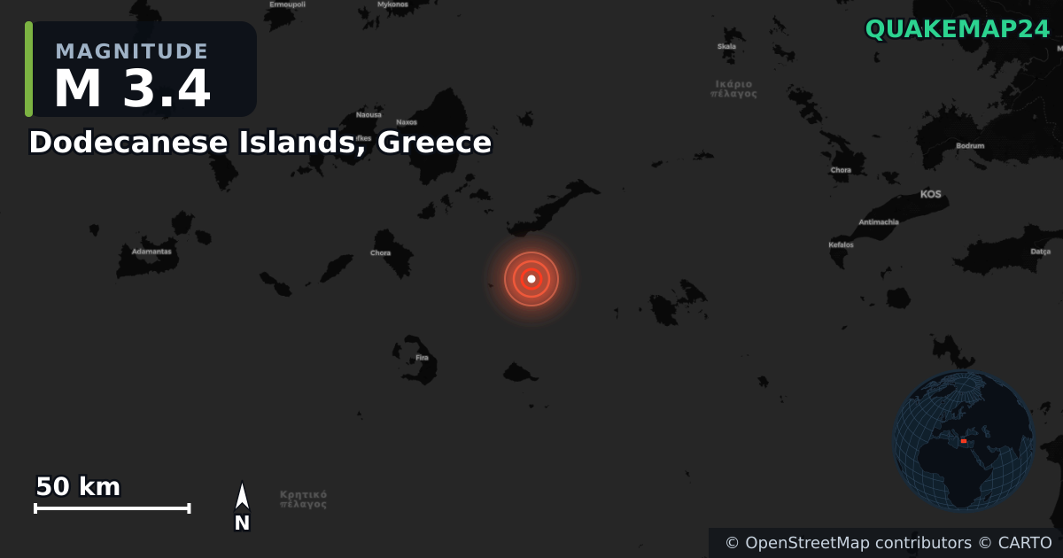 M3.4 earthquake near Dodecanese Islands, Greece on Jan 4, 2026 — map of epicenter and shaking intensity | QuakeMap24