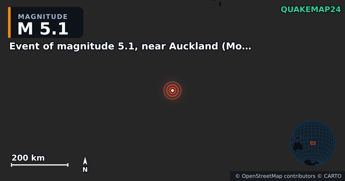 M5.1 earthquake near Event of magnitude 5.1, near Auckland (Monde) on Aug 1, 2026 — map of epicenter and shaking intensity | QuakeMap24