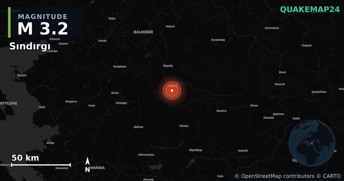 M3.2 earthquake near Sındırgı on Aug 10, 2025 — map of epicenter and shaking intensity | QuakeMap24