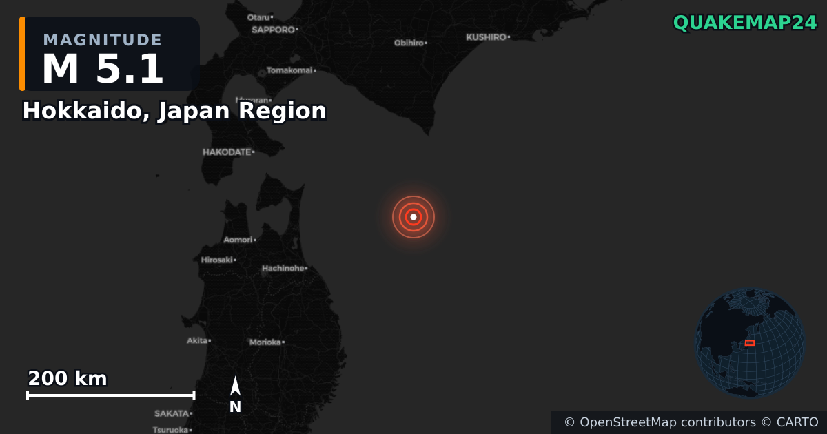 M5.1 earthquake near Hokkaido, Japan Region on Dec 8, 2025 — map of epicenter and shaking intensity | QuakeMap24