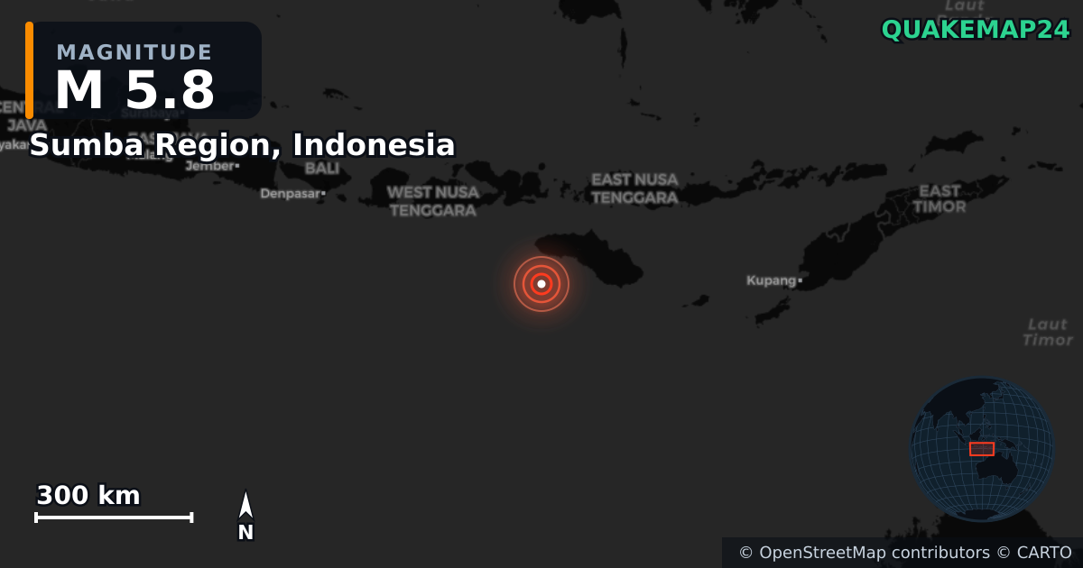 M5.8 earthquake near Sumba Region, Indonesia on Mar 31, 2025 — map of epicenter and shaking intensity | QuakeMap24