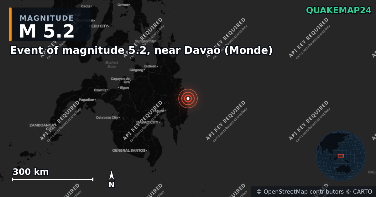 M5.2 earthquake near Event of magnitude 5.2, near Davao (Monde) on May 6, 2026 — map of epicenter and shaking intensity | QuakeMap24