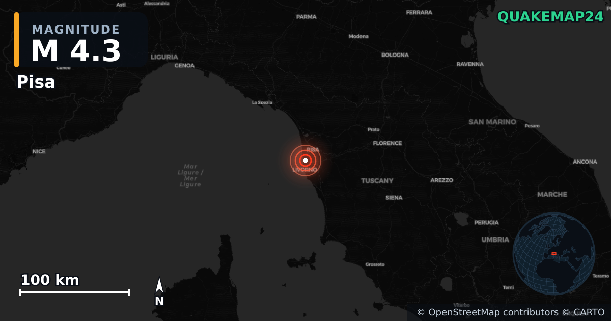 M4.3 earthquake near Pisa on Aug 4, 2026 — map of epicenter and shaking intensity | QuakeMap24