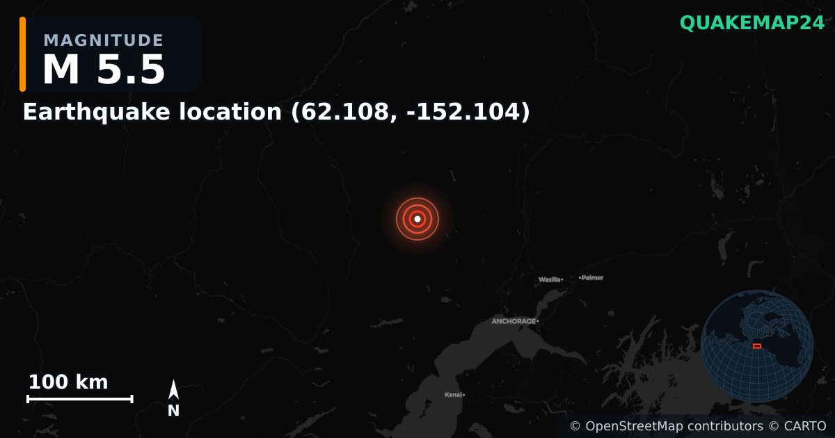 M5.5 earthquake near Erdbeben-Standort (62.108, -152.104) on Nov 27, 2025 — map of epicenter and shaking intensity | QuakeMap24