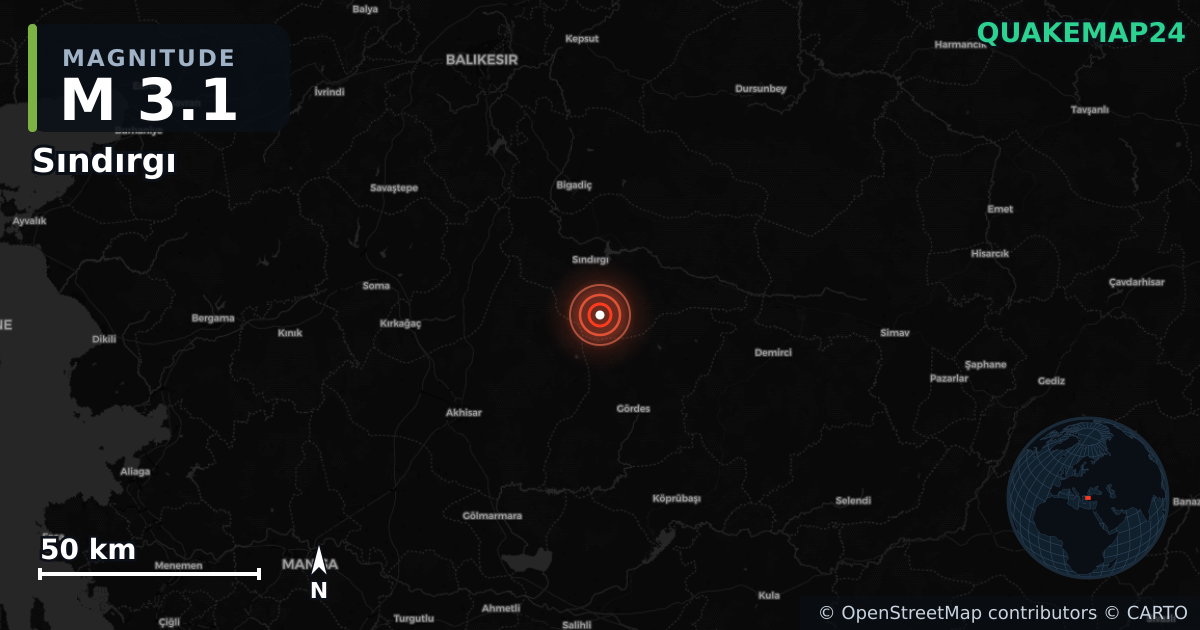 M3.1 earthquake near Sındırgı on Aug 18, 2025 — map of epicenter and shaking intensity | QuakeMap24
