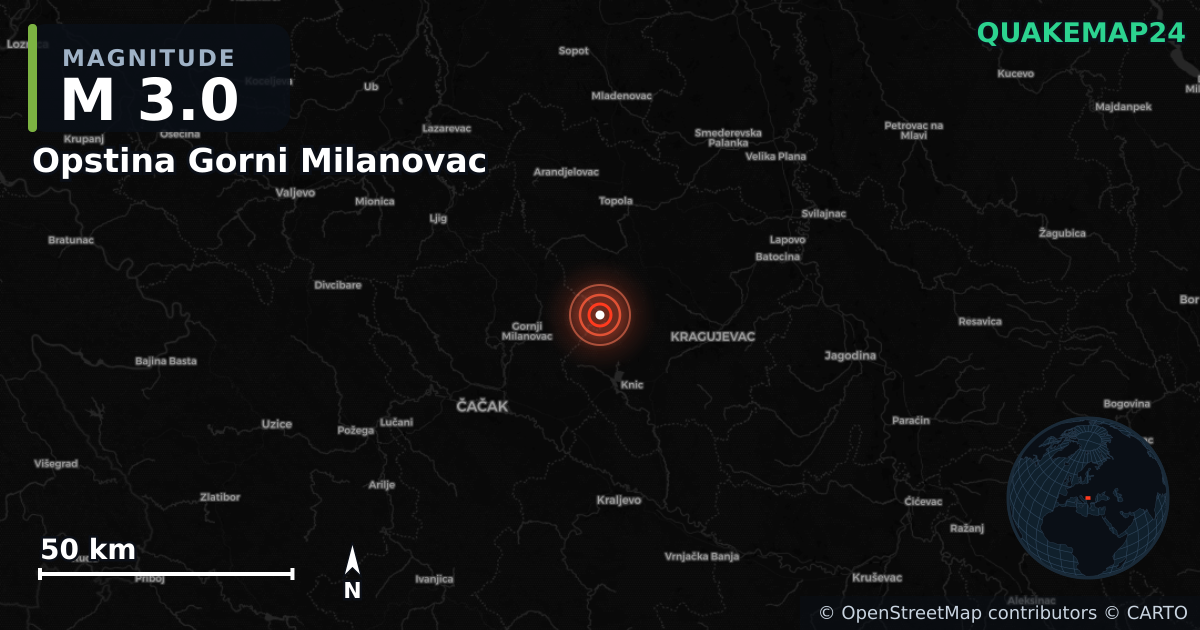 M3.0 earthquake near Opstina Gorni Milanovac on Jun 12, 2026 — map of epicenter and shaking intensity | QuakeMap24